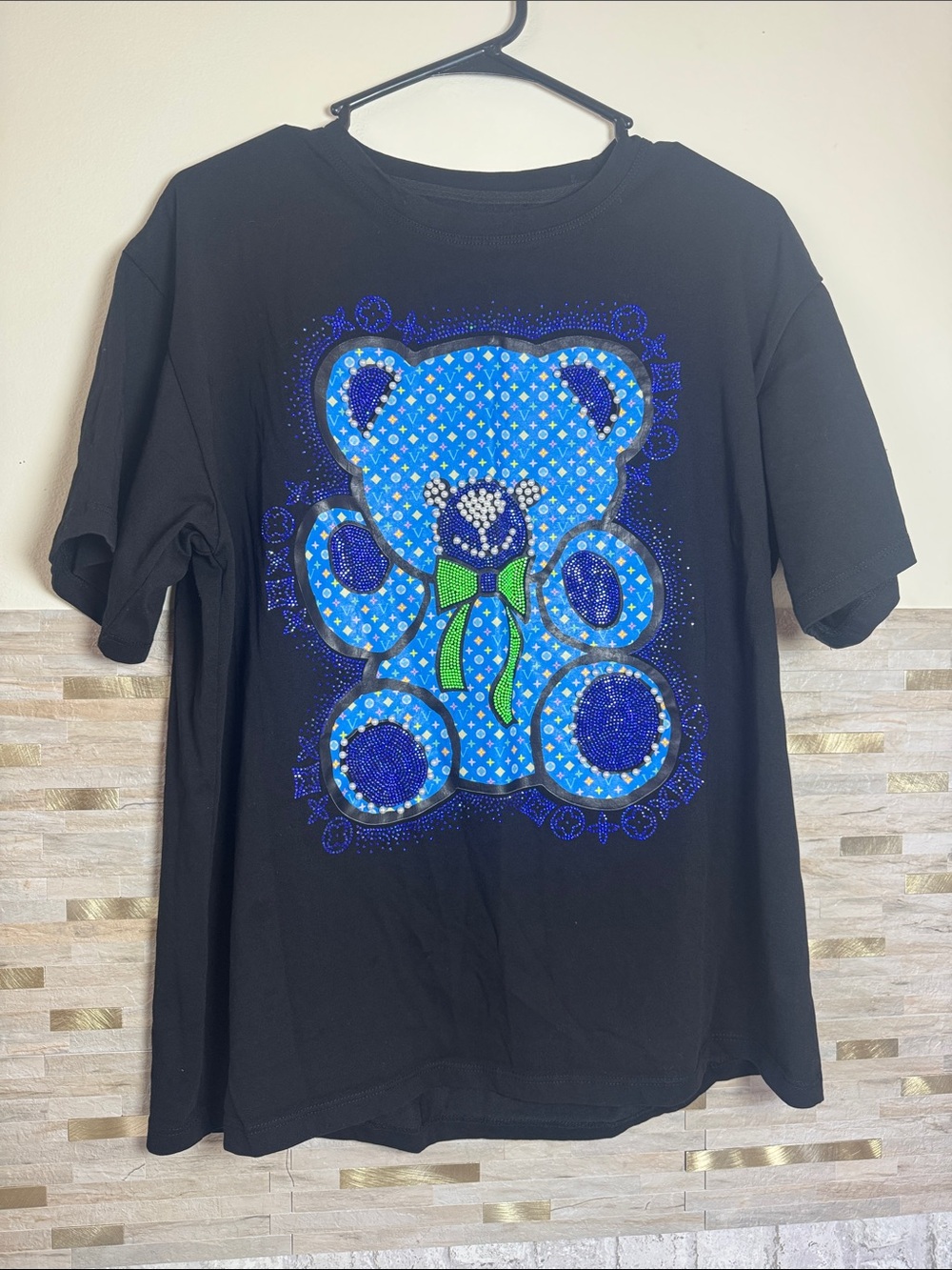 Black T-Shirt with Blue Teddy Bear Graphic